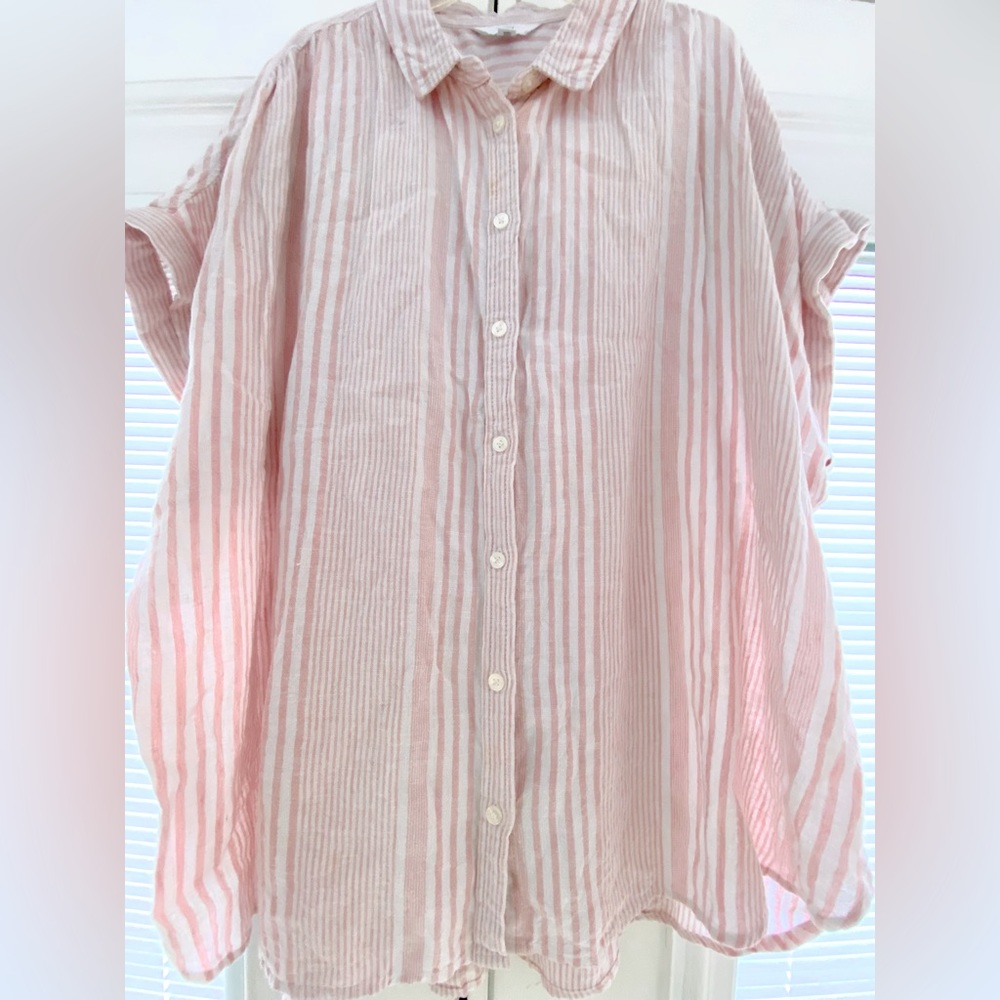Baby Pink Striped Linen Button Down Dress Blouse